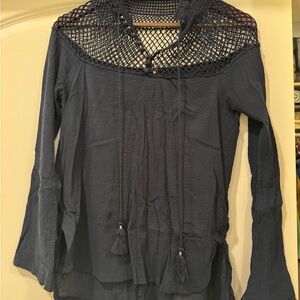 Free People Black Blouse with Netted Neckline